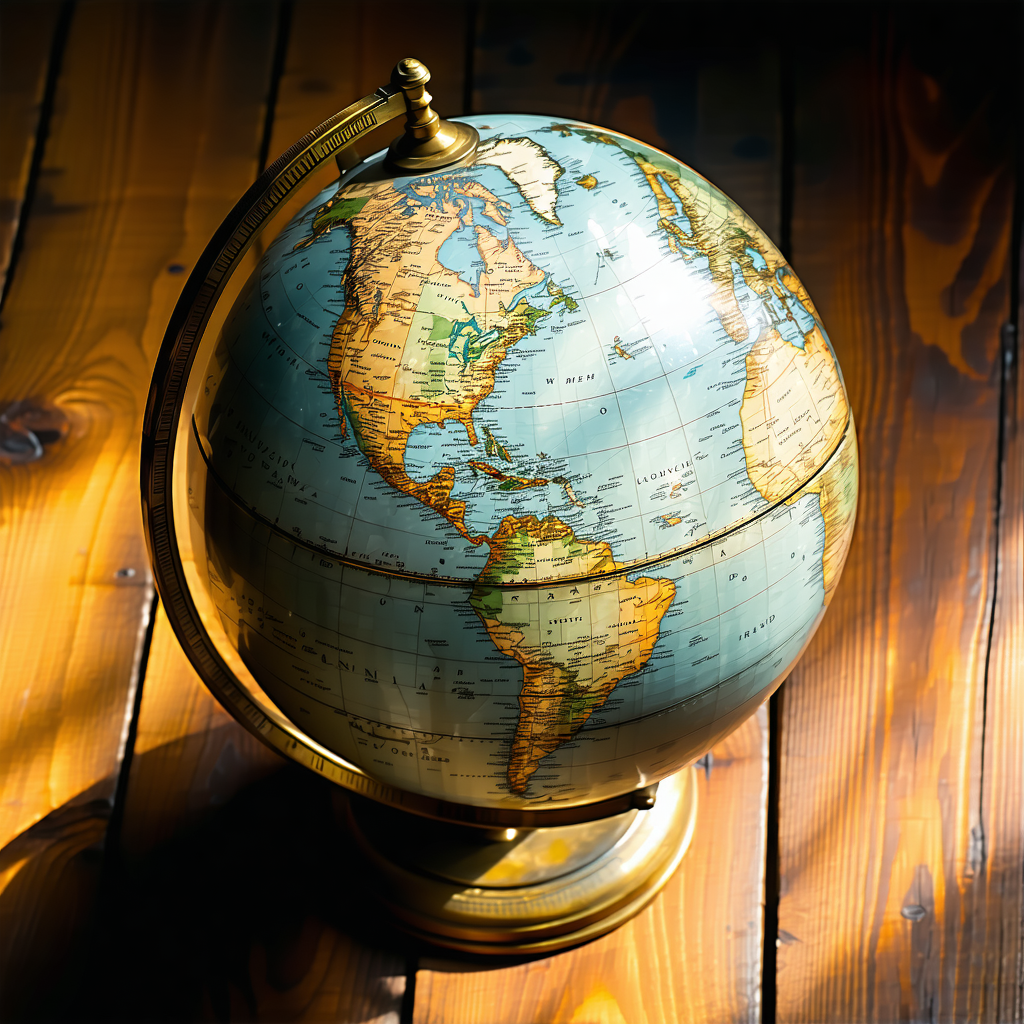 A vintage globe with a single illuminated region on a worn wooden desk