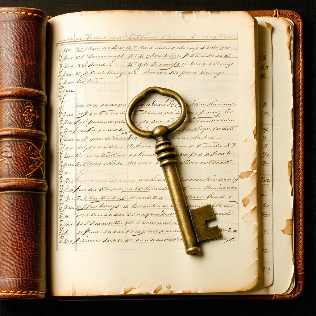 An antique brass key resting on a leather-bound ledger book
