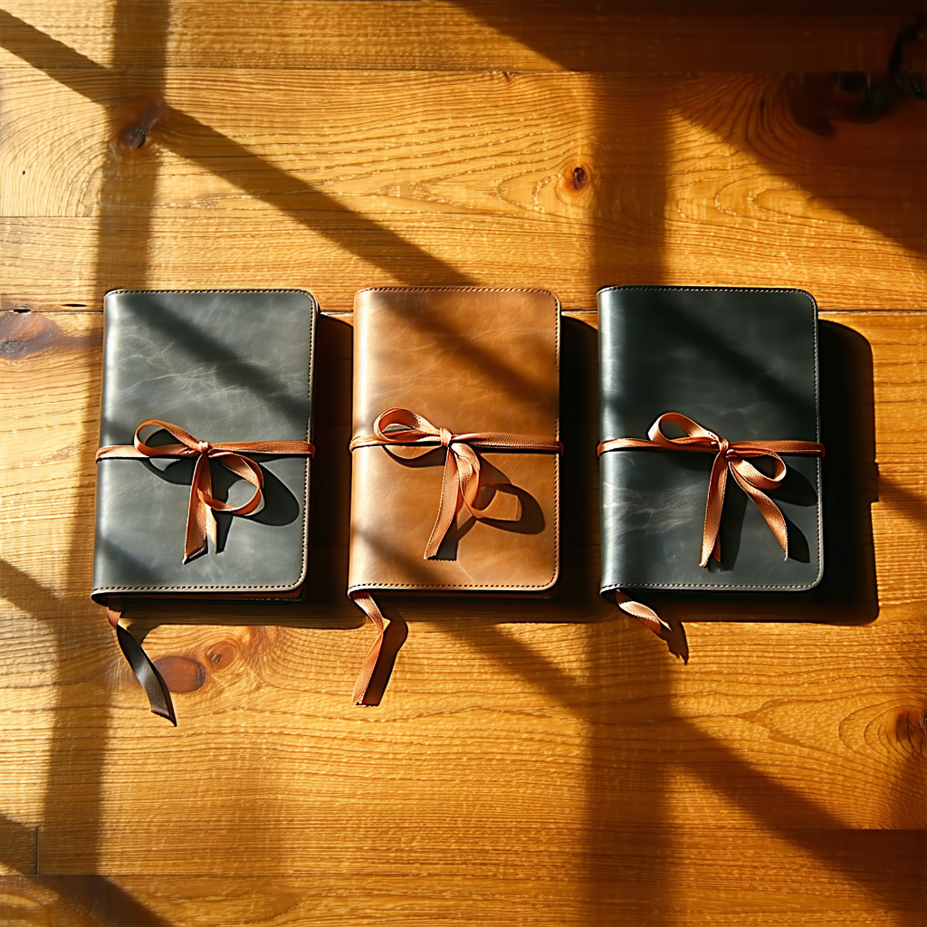 Three identical leather portfolios arranged in a row, each tied with a sienna ribbon